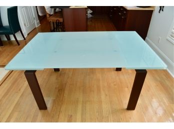Calligaris Frosted Tempered Glass Table With Leather Legs And Two Extendable Leaves