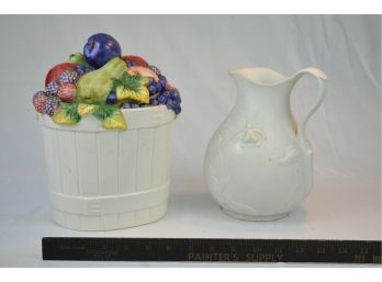 Fruit In Basket Cookie Jar And White Pitcher