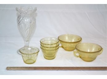 Yellow Depression Glass Bowls And Cut Glass Vase