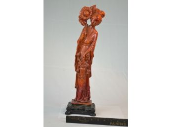 Red Carved Chinese Statue Of Woman With Flower