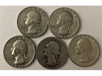 5 Washington Quarters Dated 1935, 1955, 1956 D, 1960 D, 1964