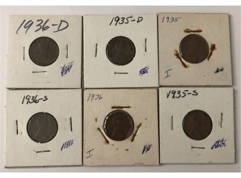 Set Of 3 1935 And 3 1936 Pennies (Sets With P, D, And S Mint Marks)