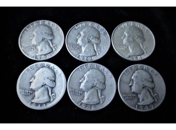 6 U.S. Washington Silver Quarters, 1944-1964