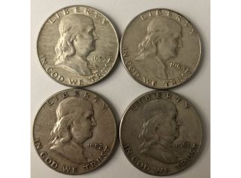 4 Franklin Half Dollars With Consecutive Dates 1951, 1952, 1953, 1954