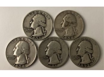 5 Washington Quarters Dated 1951D, 1936, 1952d, 1954, 1956