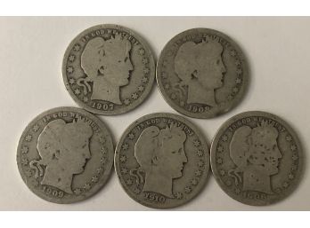 5 Barber Quarters With Consecutive Dates 1906 O, 1907, 1908 O, 1909, 1910 D