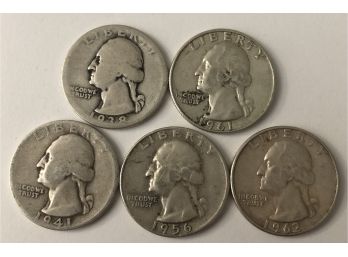 5 Washington Quarters Dated 1962 D, 1938, 1961 D, 1941, 1956