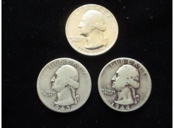 3 - U.S. Washington Quarters, Silver 1943, 1944 & 1976 Bicentennial