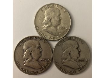 3 Franklin Half Dollars With Consecutive Dates 1951, 1952 D, 1953 D