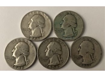 5 Washington Quarters Dated 1946. 1955, 1954 D, 1935, 1943