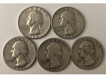5 Washington Quarters Dated 1935, 1944, 1951, 1962 D 1964