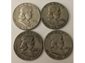 4 Franklin Half Dollars With Consecutive Dates 1951, 1952, 1953 D, 1954