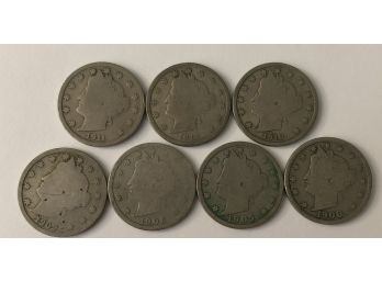 7 V Nickels Dated 1900, 1905, 1906, 1909, 1910, 1911, 1912