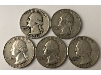 5 Washington Quarters Dated 1961 D, 1954 D, 1950, 1952, 1960