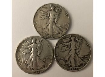 3 Walking Liberty Half Dollars Dated 1938, 1941, 1943
