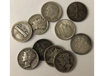 Combo Of 10 Dimes (5) Roosevelt And (5 Mercury) (See Description For Dates)
