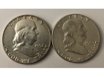 2 Franklin Half Dollars Dated 1952, 1963 (Really Nice Coins)