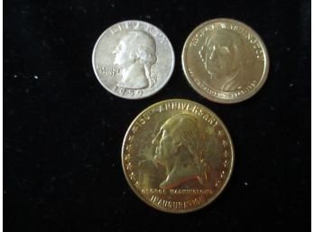 U.S. Washington Silver 1959 Quarter, 2007 Gold Toned Dollar, 1939 World's Fair Comm.