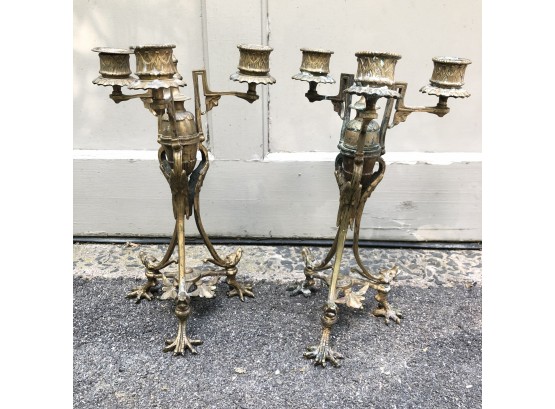 Antique Pair Of Claw Foot Gryphon Head Taper Candles Candelabras