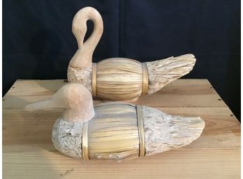 Folk Art Goose And Duck Decoys, Made From Wood, Bark And Straw