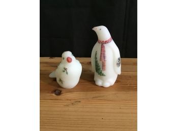 Fenton Christmas Birds, Penguin Handpainted By V Cline, Bird Handpainted By D Anderson