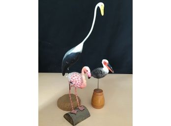 Bird Decoys On Stands, Heron By Mike McCarthy, Flamingo And Pelican