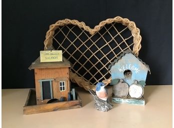 Two Birdhouses, Bird Figurine And Wicker Heart Shaped Basket