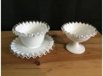Fenton Silver Crest Milk Glass With Clear Crimped Edge, Mayonnaise Bowl And Small Compote