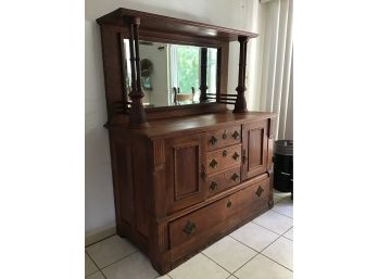Magnificent Antique Honey Oak Sideboard With Columns And Mirror