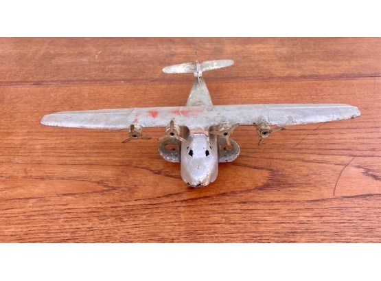 Antique 1930s Tin Toy Airplane Seaplane Pressed Steel Wooden Wheels