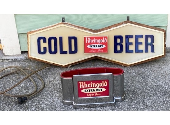 Pair Of Vintage Rheingold Extra Dry Beer Advertising Items Sign And Bar Caddy