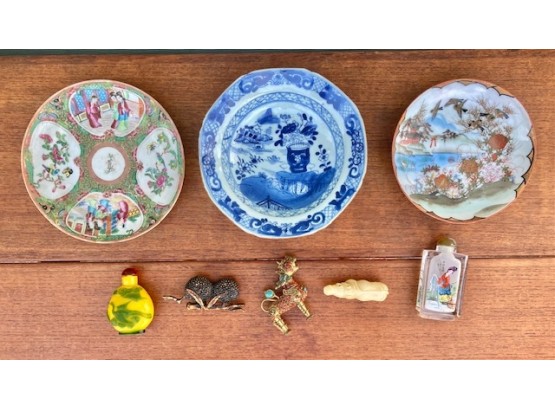 Lot Of Antique Vintage Porcelain Plates, Snuff Bottles, Carvings And Figurines.
