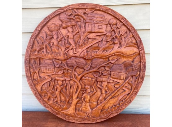Large Wood Hand Carved Haitian Sculpture Plaque With Villagers Signed F. Pierre