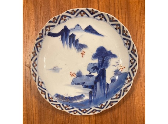 Antique Chinese Low Bowl With Hand Painted Landscape With Mountains