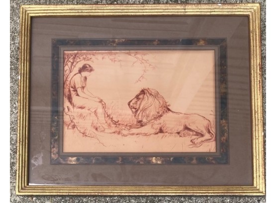 Frederick Church Sepia Etching Of A Lion And Woman 1883