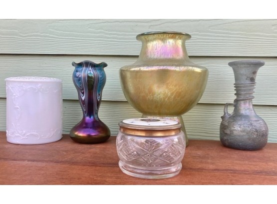 Lot Of Antique Glass Loetz, Milkglass, Cuff Container, Iridescent Glass.