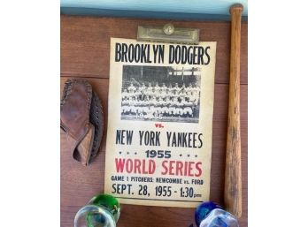 Lot Of Antique Baseball Memorabilia Mickey Mantle Bat, 1955 Brooklyn Dodgers Poster And Glove