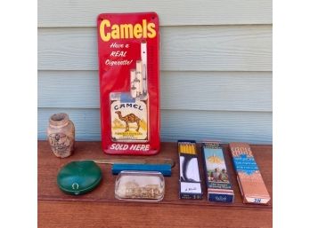 Lot Of Antique Advertising Thermometer, Pottery Omega Watch Box, Etc.