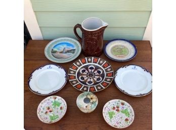 Lot Of Antique Pottery And Porcelain Plates, Rockingham Cow Pitcher, Windsor War Memorial Plate, More...