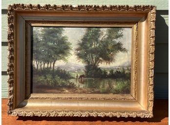 Antique 19th Century Oil On Canvas Painting Of A Landscape With Cows Signed