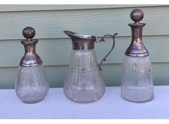 Lot Of Three Antique Cut Crystal And Silver Plate Decanters And Water Pitcher