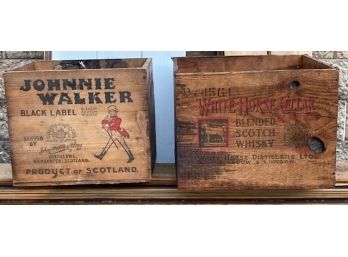 Lot Of 2 Antique Wood Liquer Advertising Boxes Johnny Walker Black & White Horse Scotch Whiskey