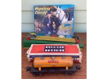 Antique Lot Of Toys Lionel Train, Hopalong Cassidy Puzzles, Horse Racing