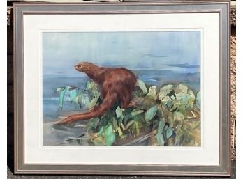 Large Gorgeous Watercolor Painting Of A Sea Otter By Well Listed Artist Betty Schlemm.