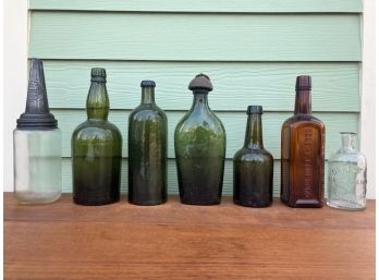 Lot Of Seven Antique Whiskey, Old Smuggler, Bitters, Medicine Bottles And Flask