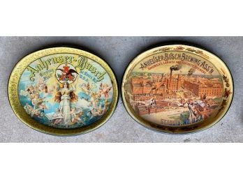 Pair Of Vintage Anheuser-Busch Budweiser Beer Tin Advertising Tip Trays With Cherubs Factory