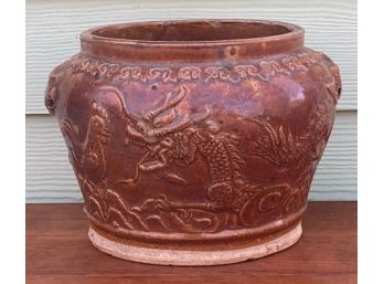 Antique Large Chinese Pottery Jardinire Planter With Dragon Design Signed.