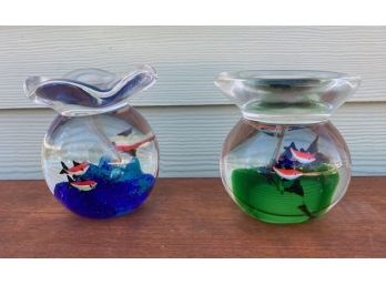Pair Of Murano Art Glass Paperweights Depicting Fish Swimming