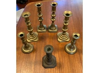 Lot Of Seven Antique Early To Mid 1800s Push Button Brass Candlesticks