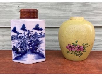 Lot Of Hand Painted Asian Blue And Pottery Tea Jar And Unusual Yellow Jar.
